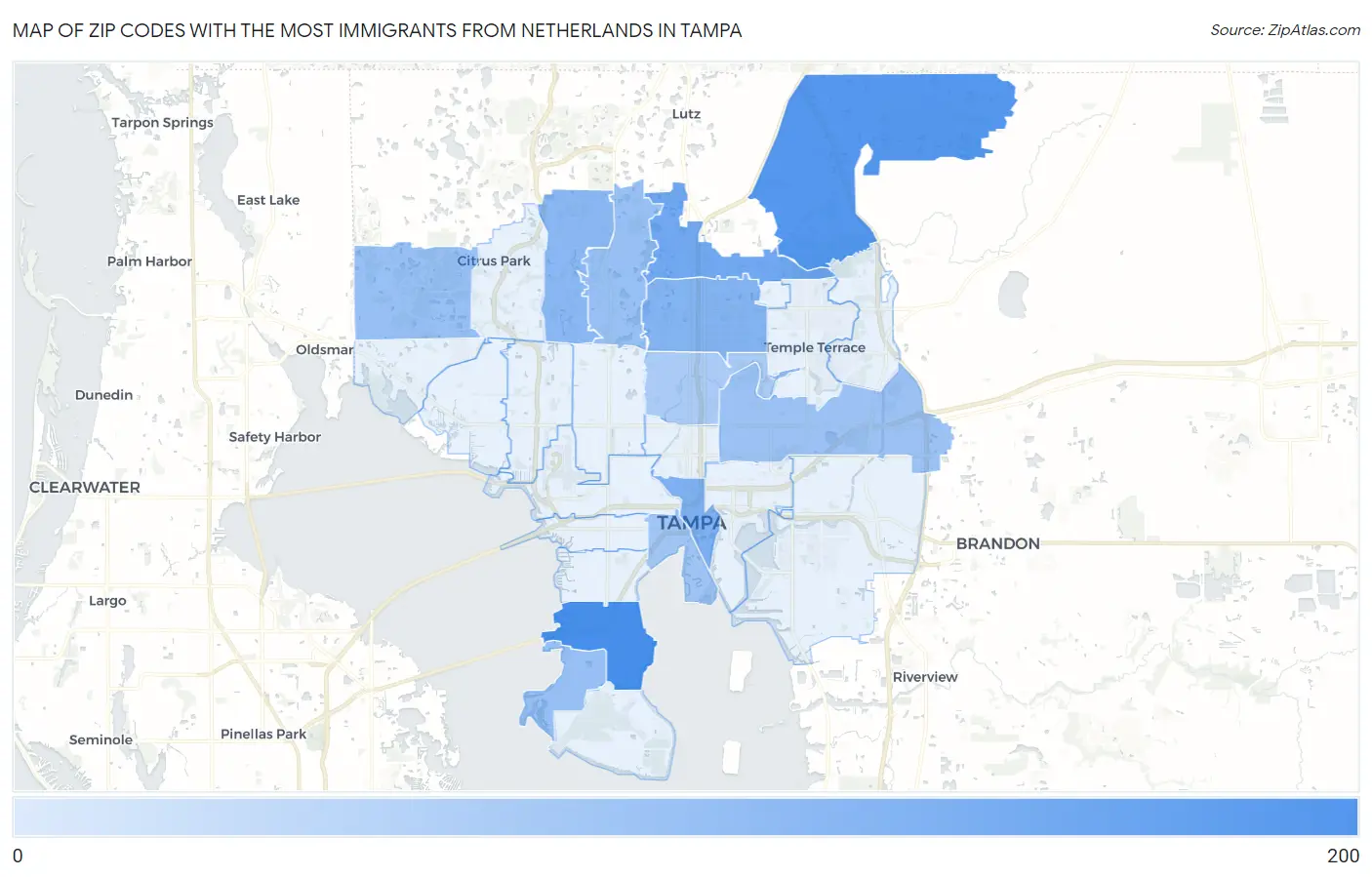 Zip Codes with the Most Immigrants from Netherlands in Tampa Map