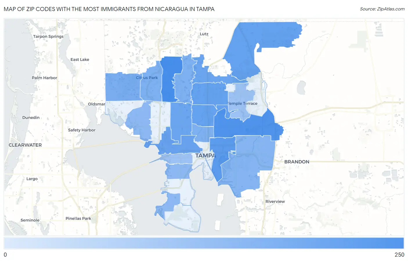 Zip Codes with the Most Immigrants from Nicaragua in Tampa Map