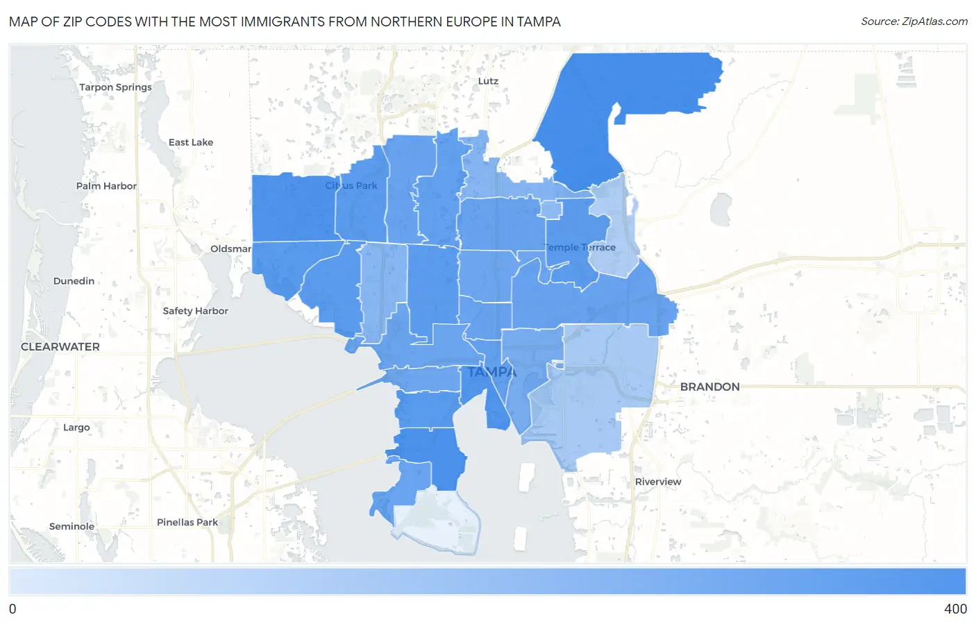 Zip Codes with the Most Immigrants from Northern Europe in Tampa Map