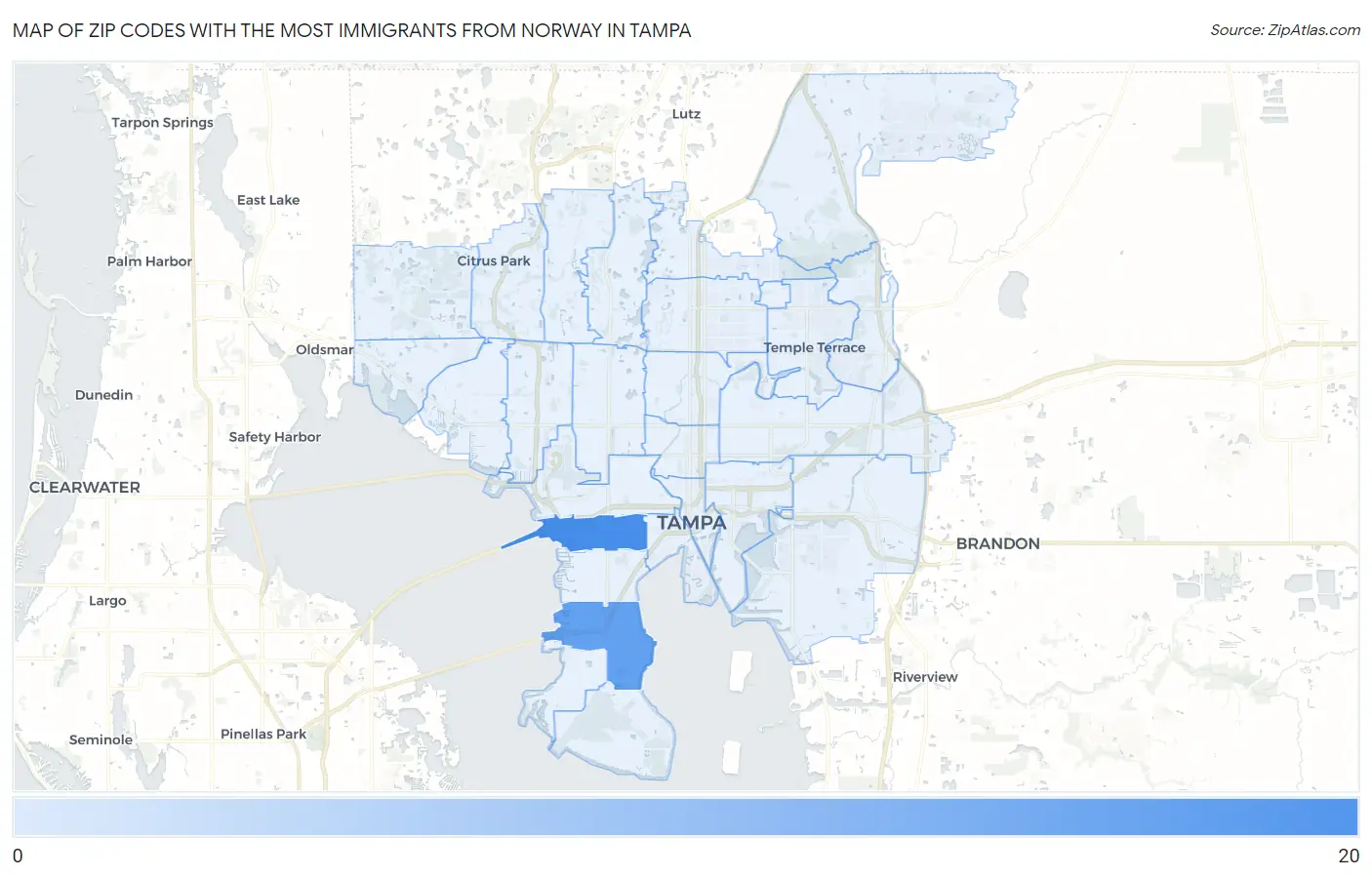Zip Codes with the Most Immigrants from Norway in Tampa Map