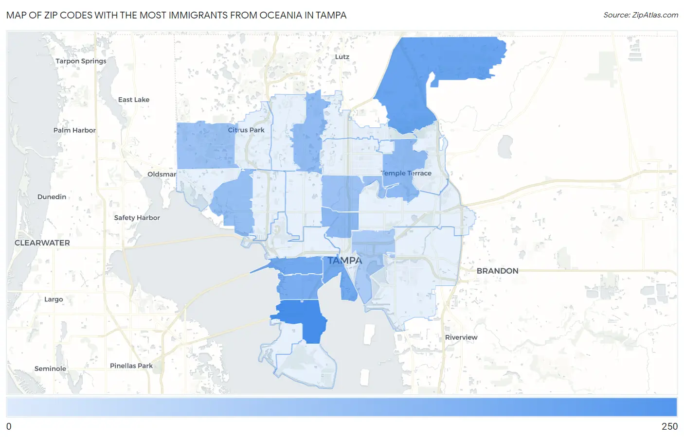 Zip Codes with the Most Immigrants from Oceania in Tampa Map