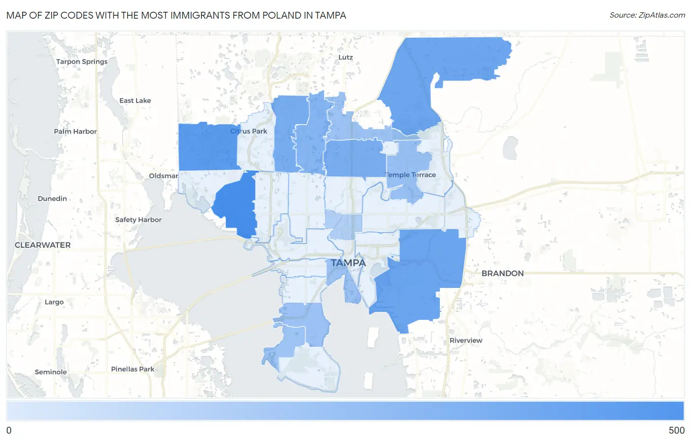 Zip Codes with the Most Immigrants from Poland in Tampa Map