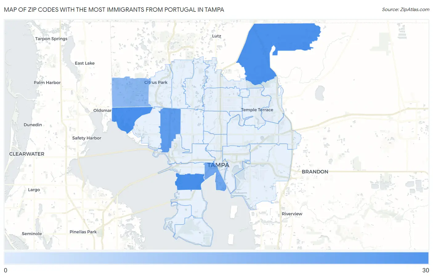 Zip Codes with the Most Immigrants from Portugal in Tampa Map