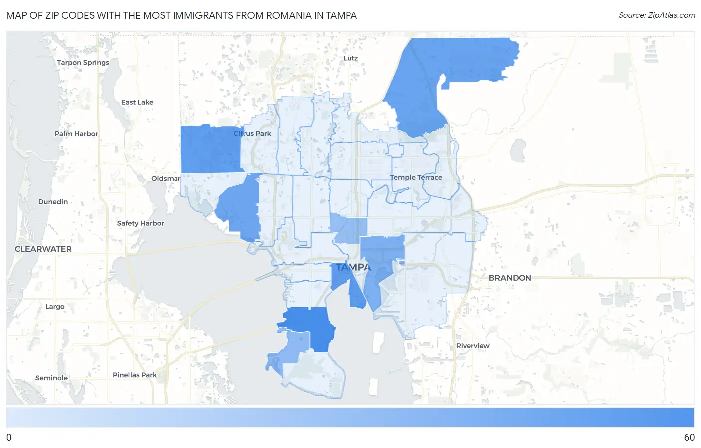 Zip Codes with the Most Immigrants from Romania in Tampa Map
