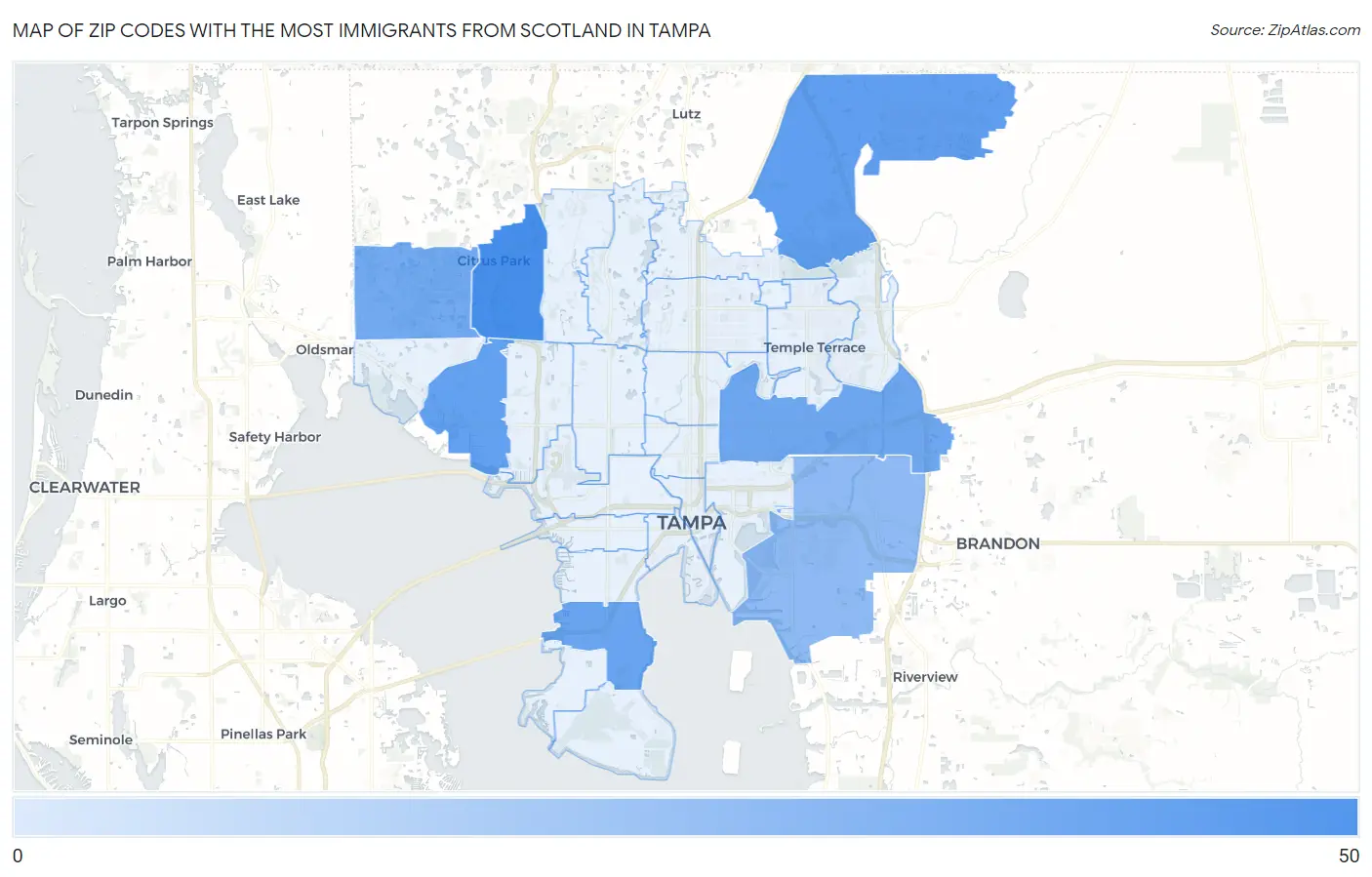Zip Codes with the Most Immigrants from Scotland in Tampa Map