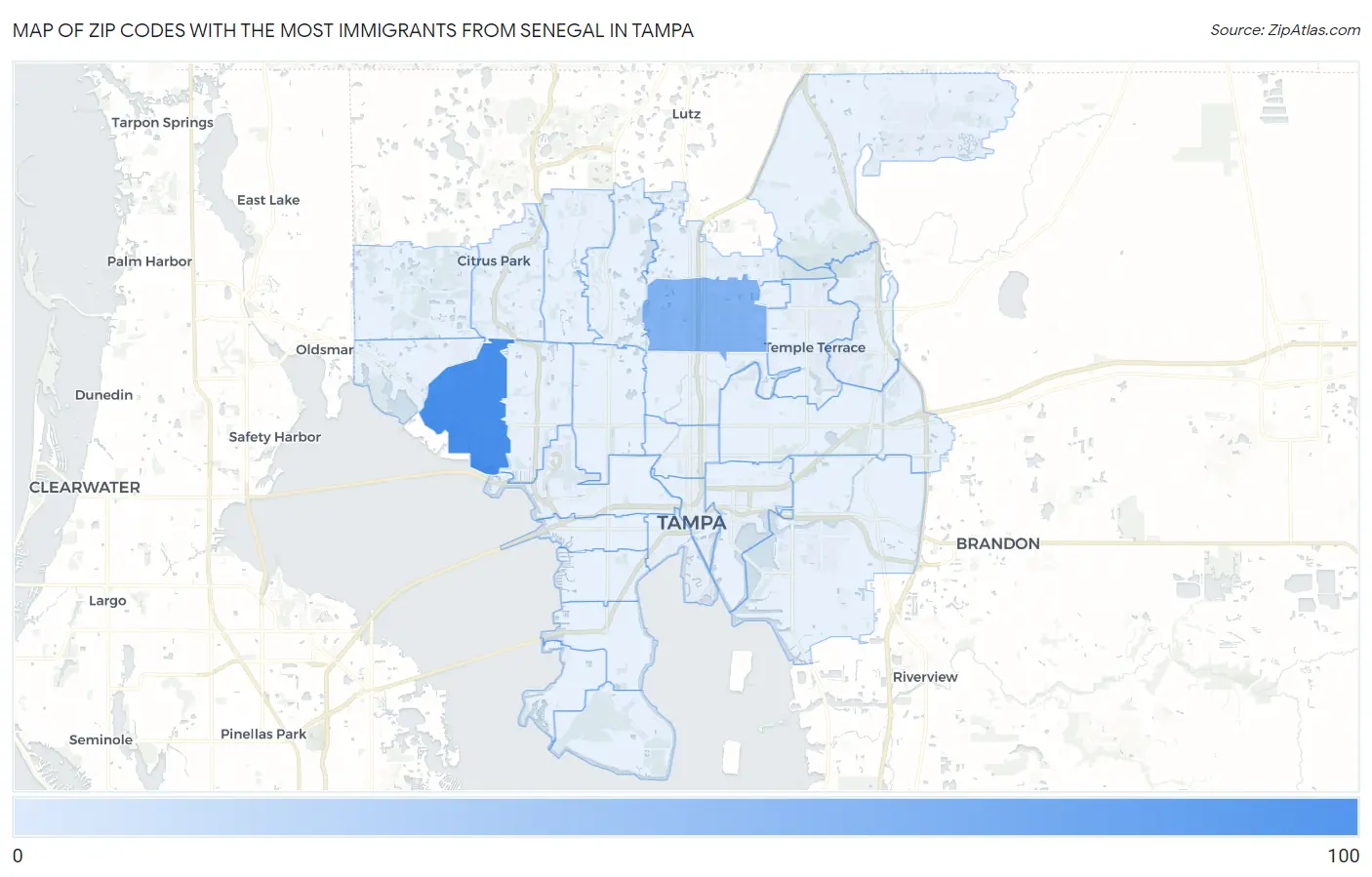 Zip Codes with the Most Immigrants from Senegal in Tampa Map