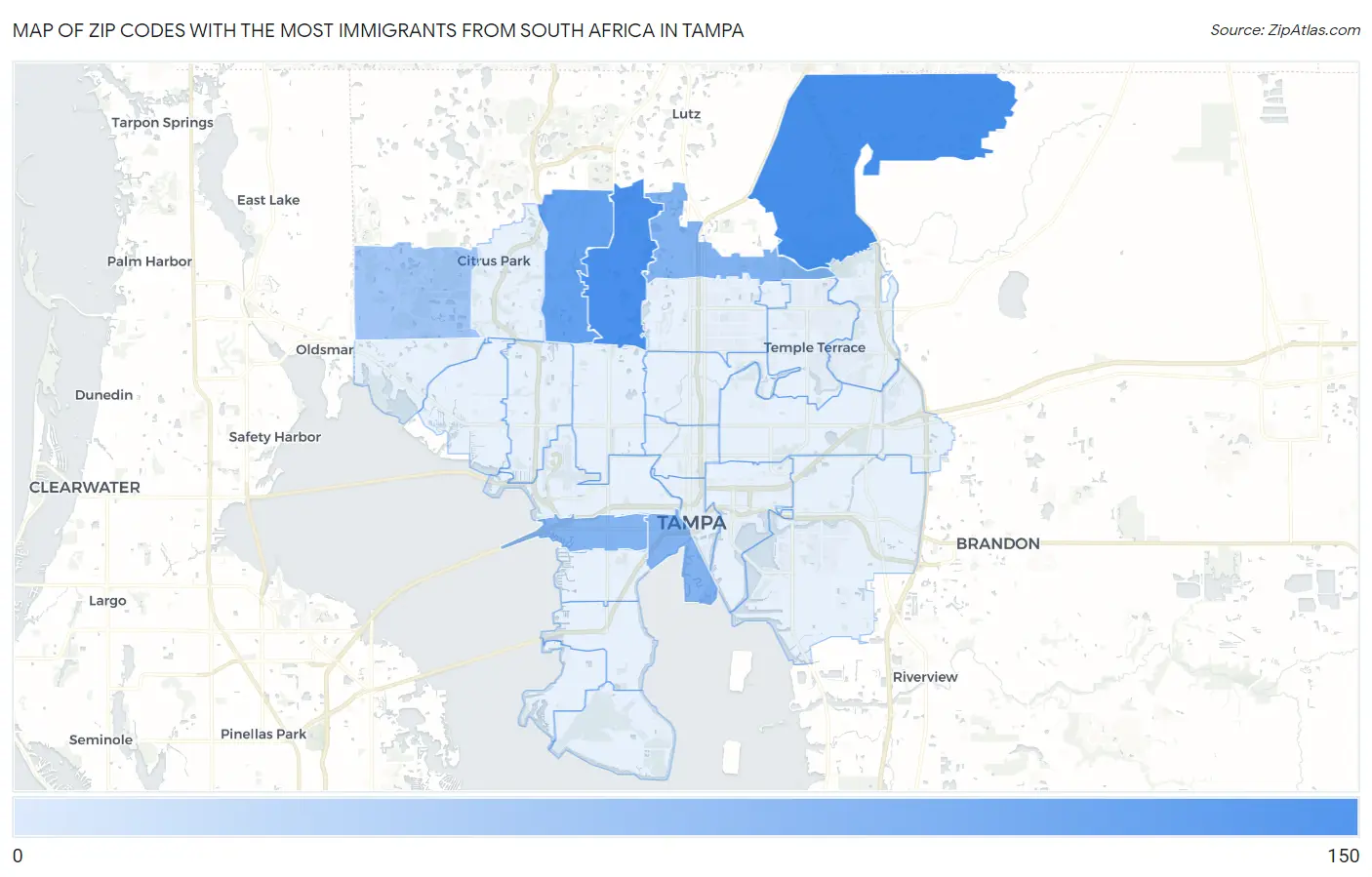 Zip Codes with the Most Immigrants from South Africa in Tampa Map