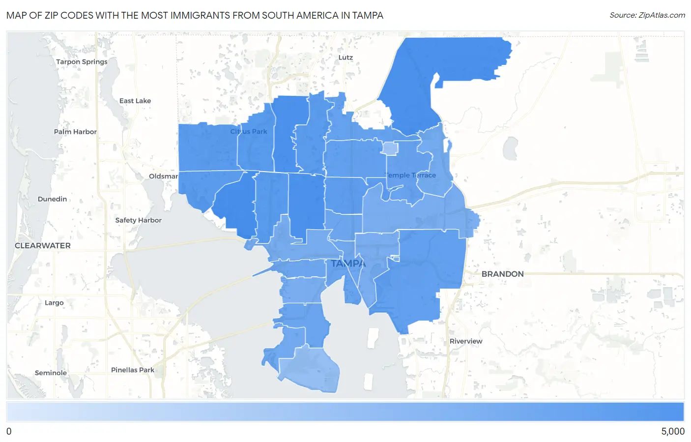 Zip Codes with the Most Immigrants from South America in Tampa Map