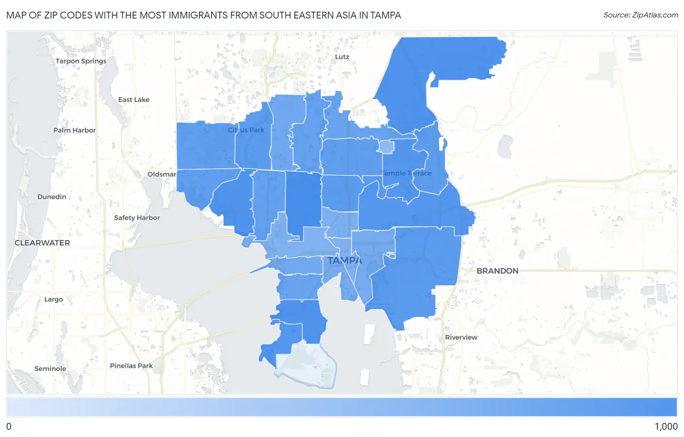 Zip Codes with the Most Immigrants from South Eastern Asia in Tampa Map