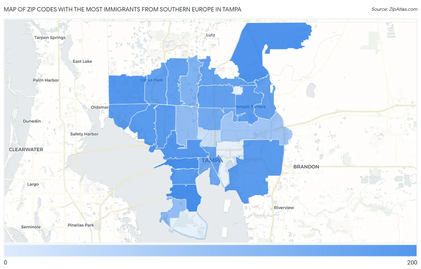 Zip Codes with the Most Immigrants from Southern Europe in Tampa Map
