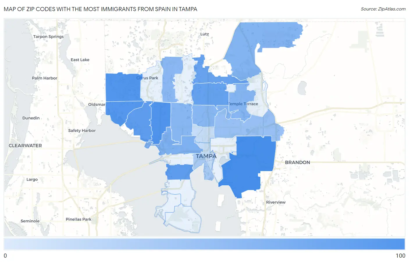 Zip Codes with the Most Immigrants from Spain in Tampa Map
