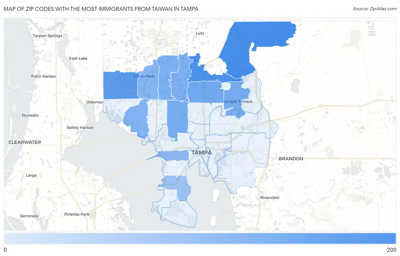 Zip Codes with the Most Immigrants from Taiwan in Tampa Map