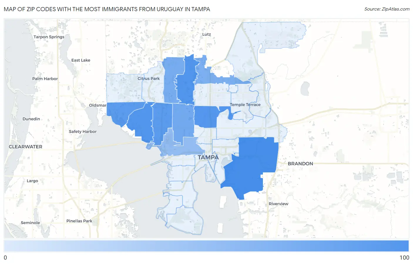 Zip Codes with the Most Immigrants from Uruguay in Tampa Map