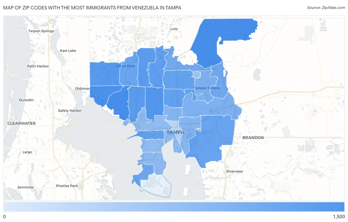 Zip Codes with the Most Immigrants from Venezuela in Tampa Map