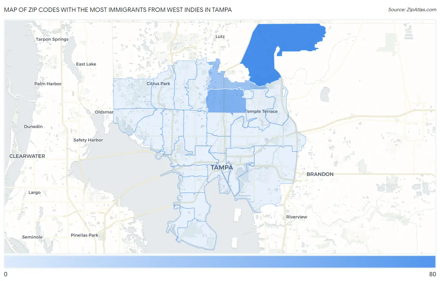 Zip Codes with the Most Immigrants from West Indies in Tampa Map