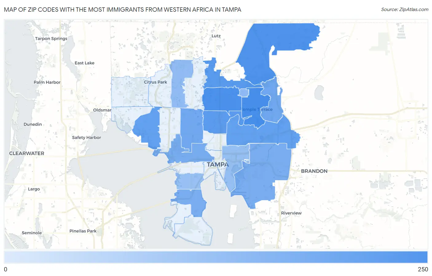 Zip Codes with the Most Immigrants from Western Africa in Tampa Map