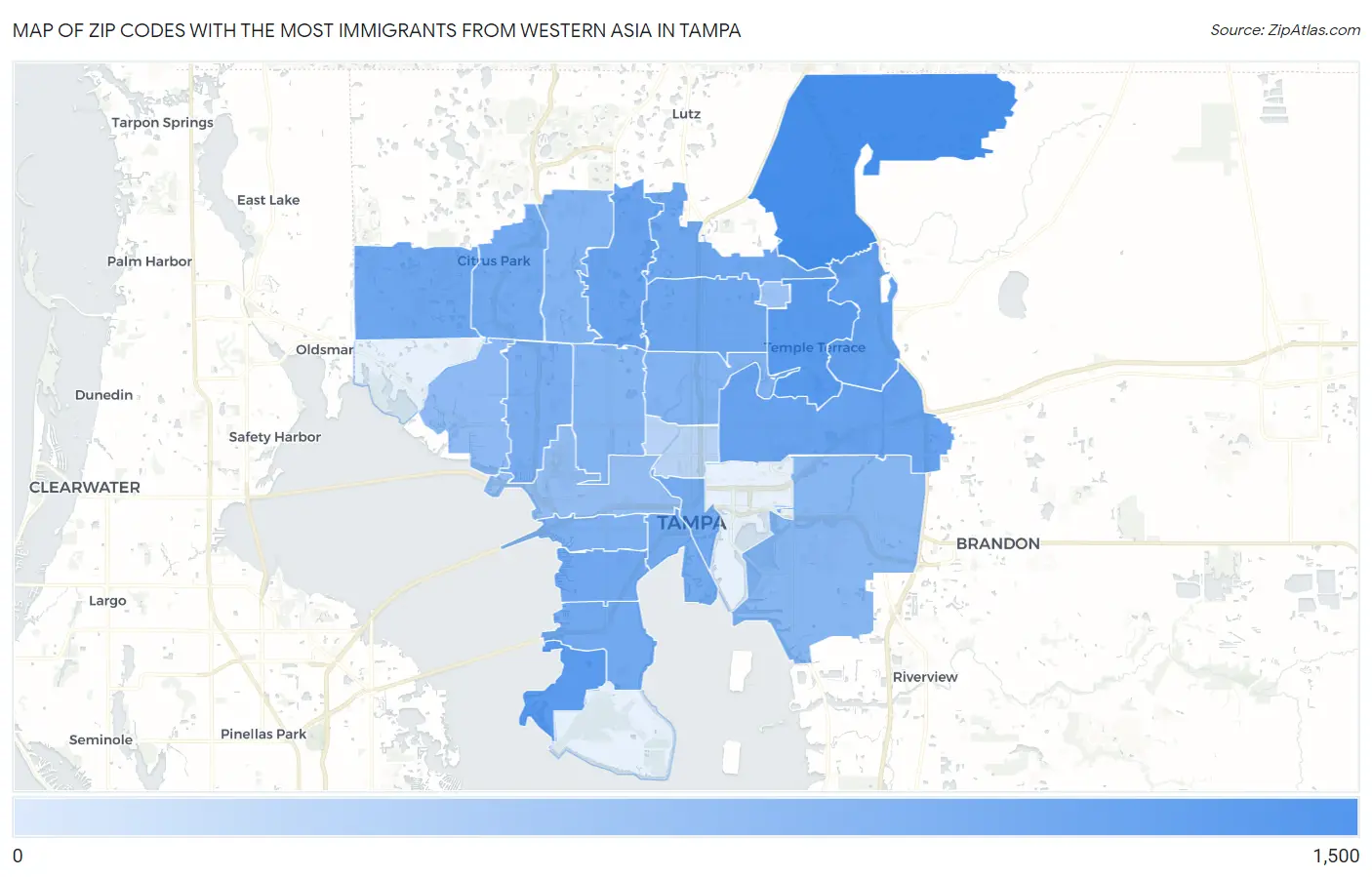 Zip Codes with the Most Immigrants from Western Asia in Tampa Map