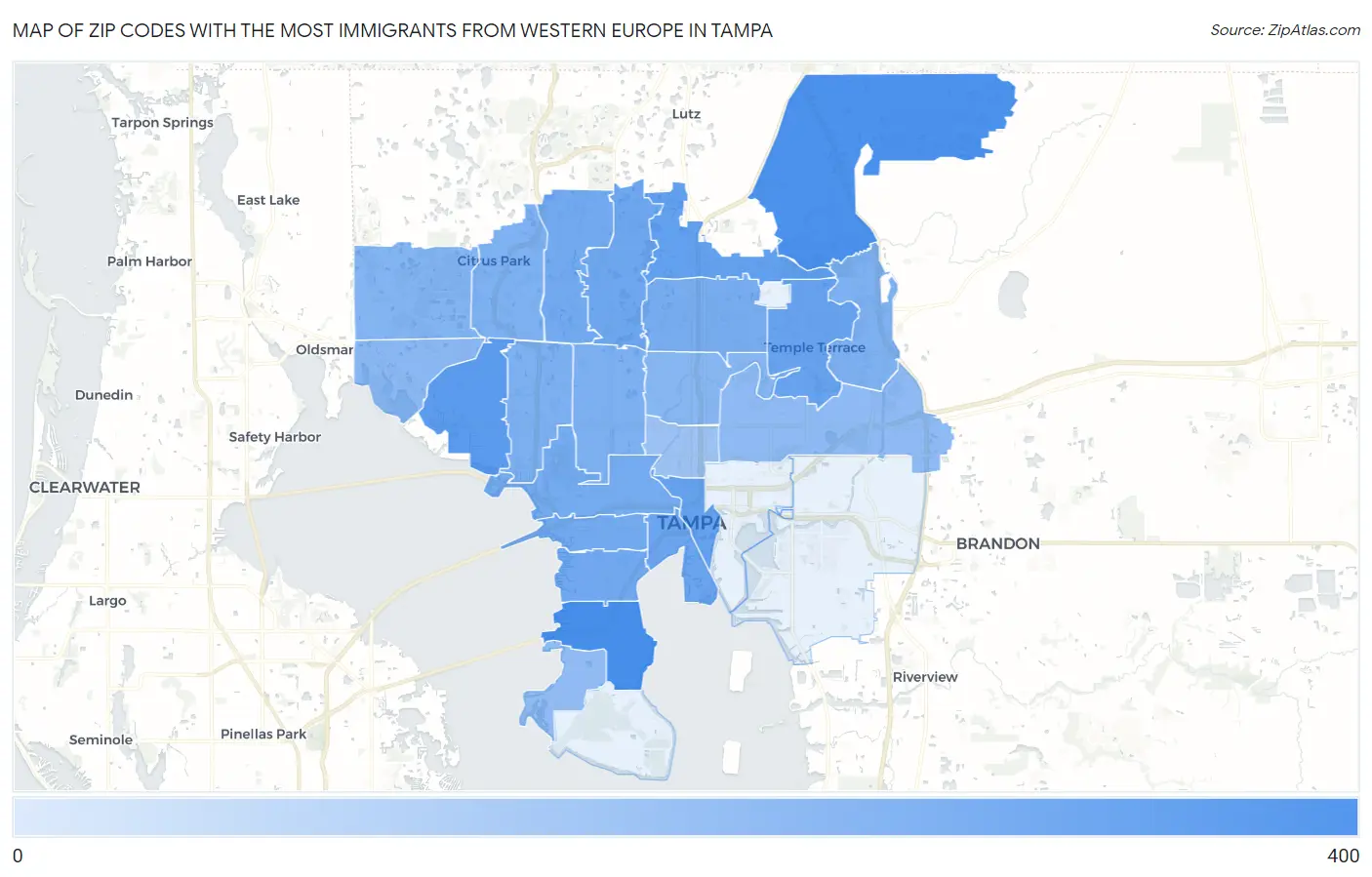 Zip Codes with the Most Immigrants from Western Europe in Tampa Map