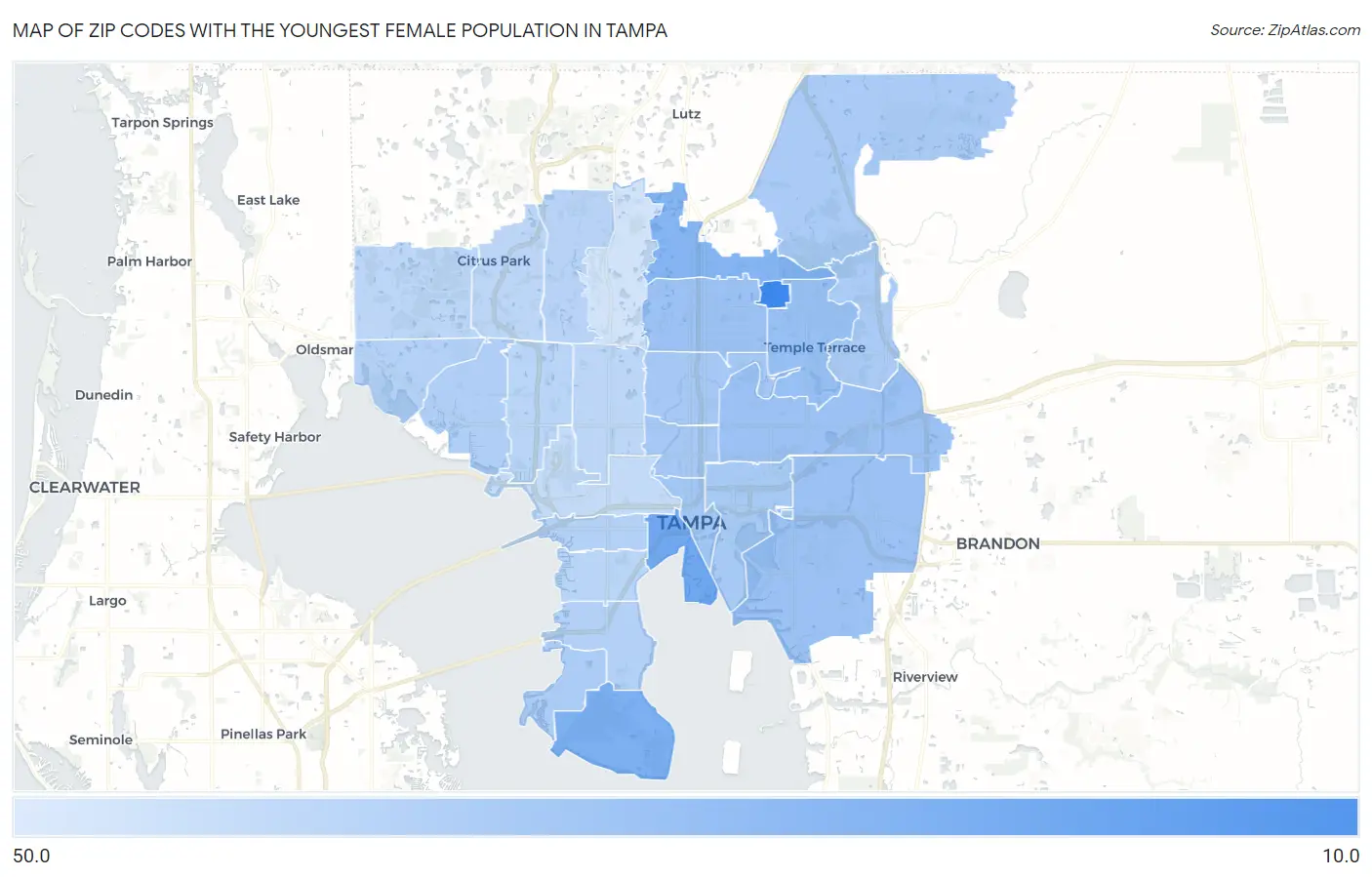 Zip Codes with the Youngest Female Population in Tampa Map
