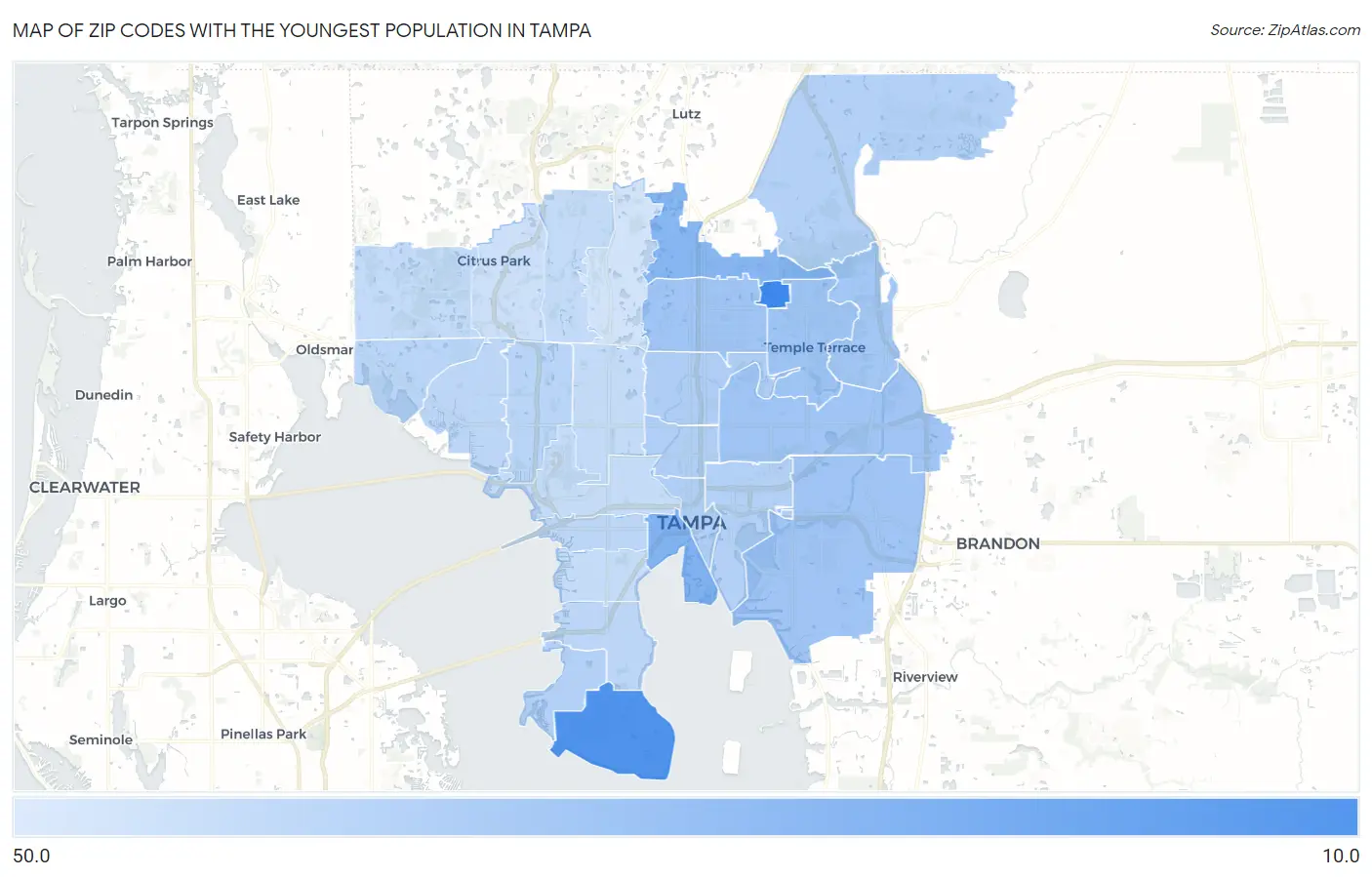 Zip Codes with the Youngest Population in Tampa Map