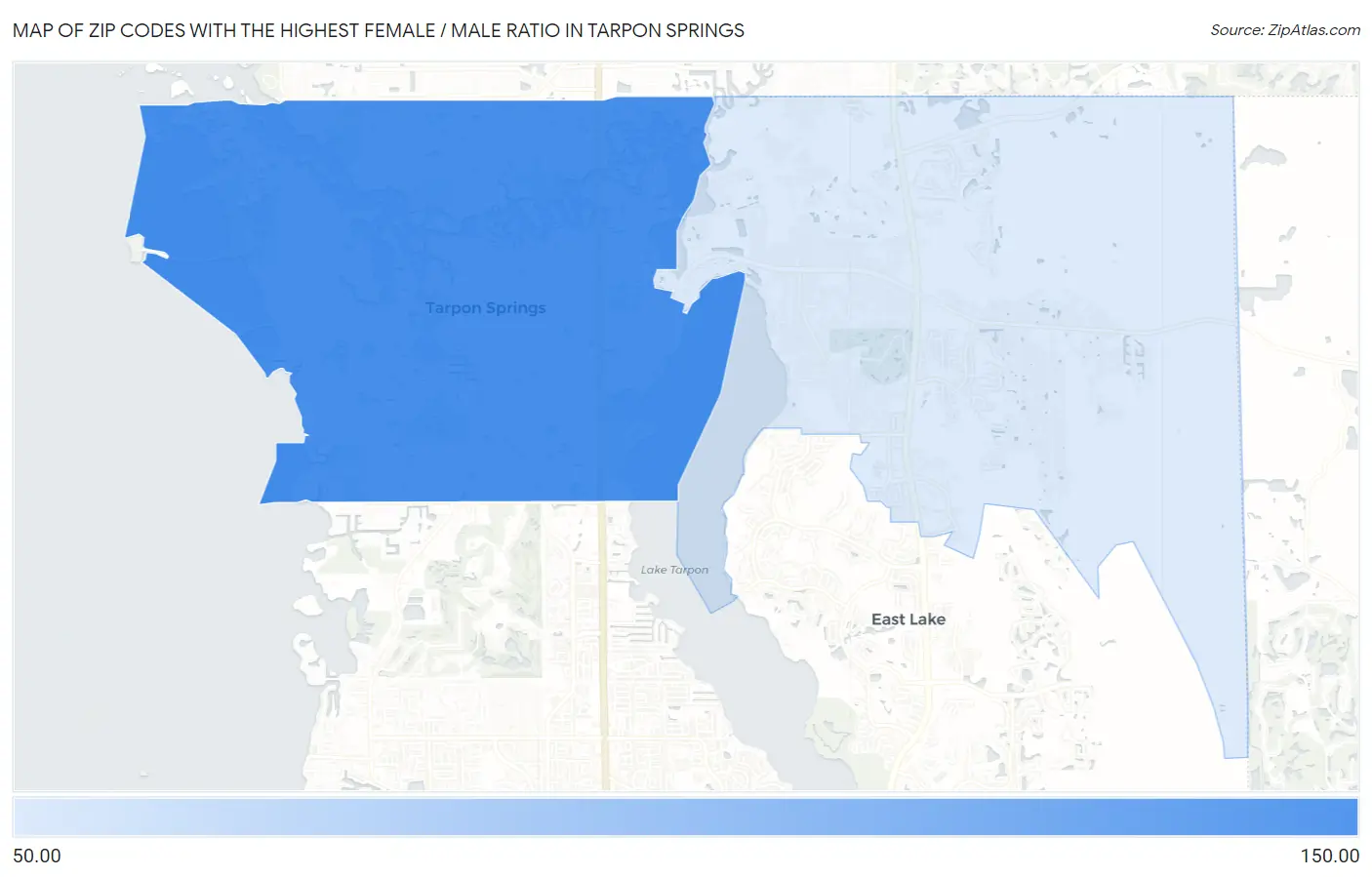 Zip Codes with the Highest Female / Male Ratio in Tarpon Springs Map