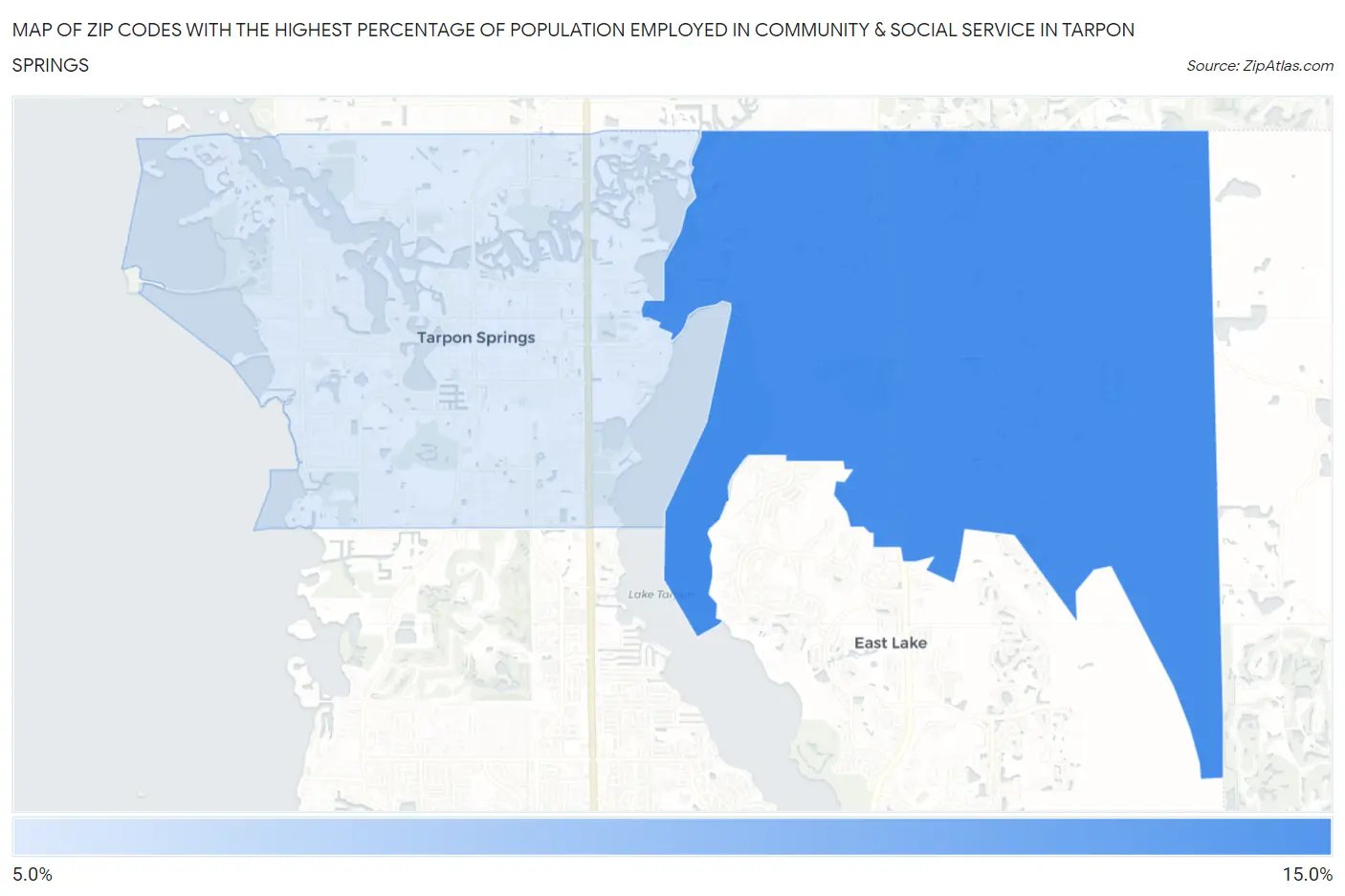 Zip Codes with the Highest Percentage of Population Employed in Community & Social Service  in Tarpon Springs Map