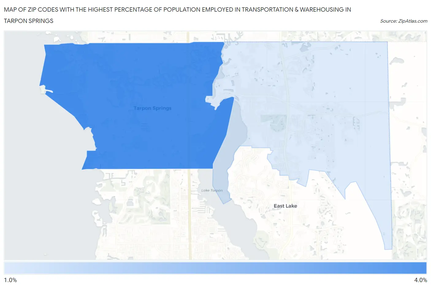 Zip Codes with the Highest Percentage of Population Employed in Transportation & Warehousing in Tarpon Springs Map