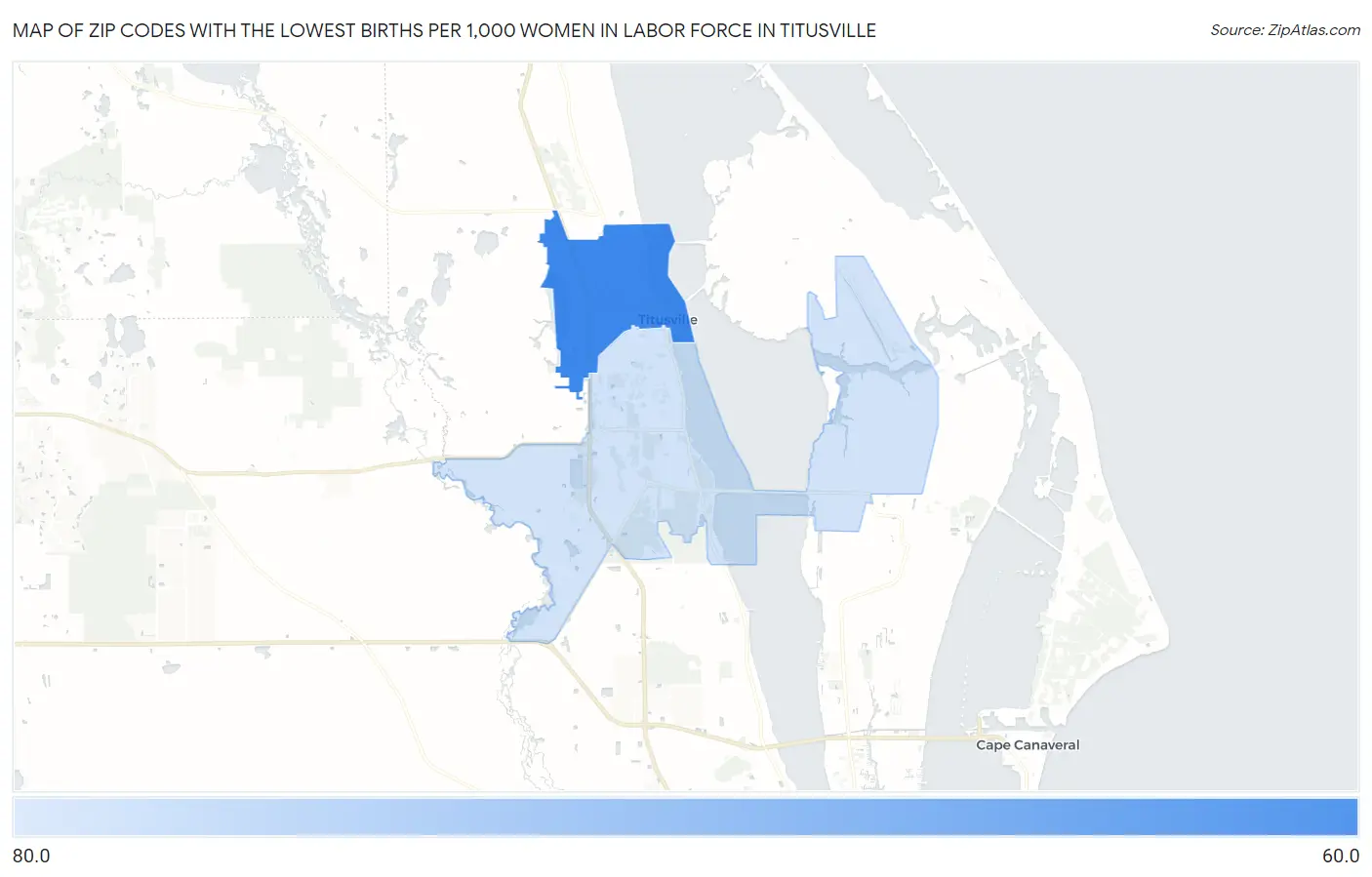 Zip Codes with the Lowest Births per 1,000 Women in Labor Force in Titusville Map