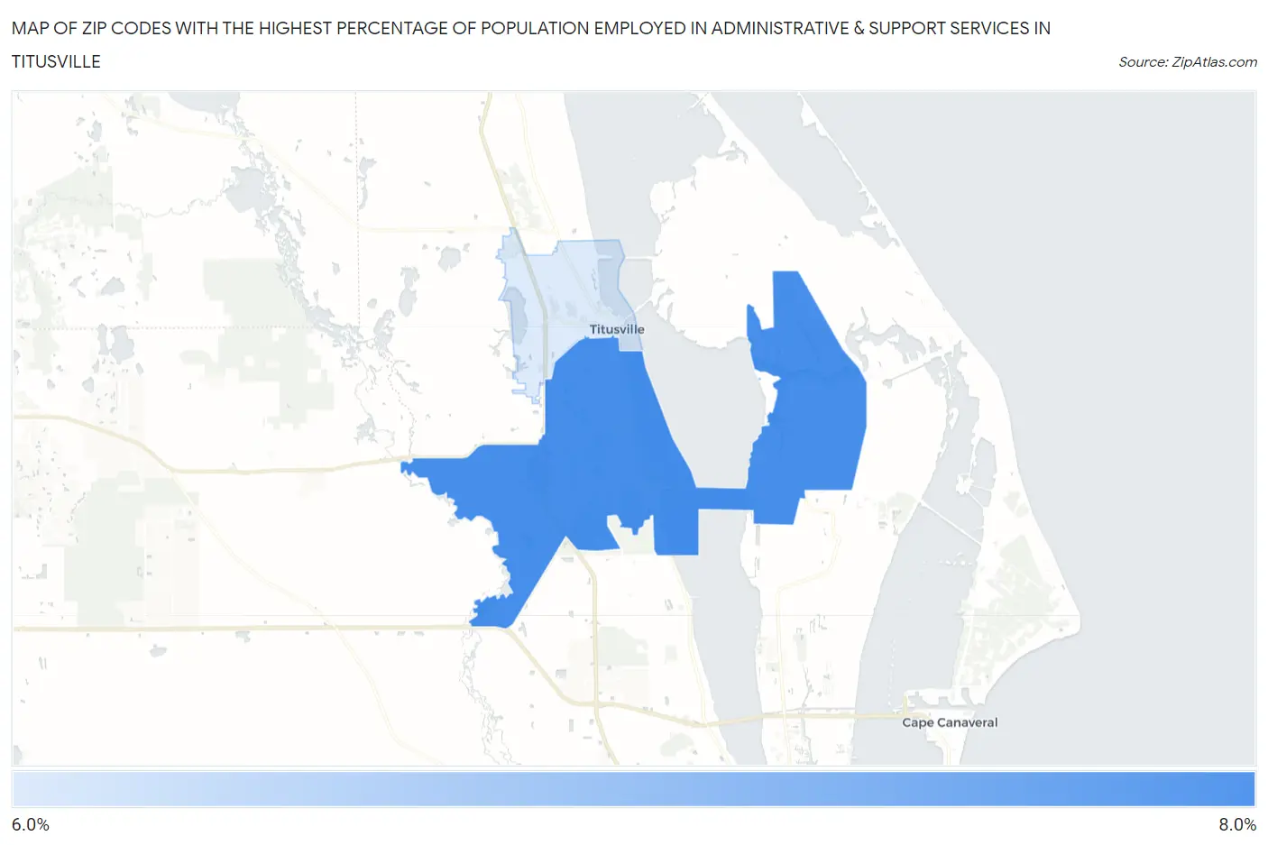 Zip Codes with the Highest Percentage of Population Employed in Administrative & Support Services in Titusville Map