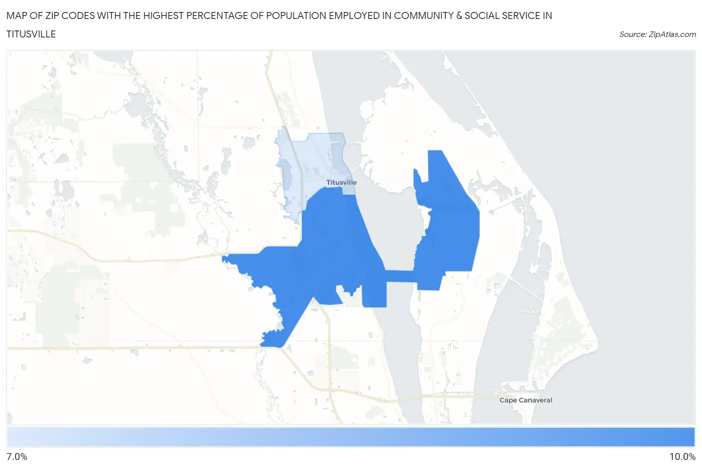 Zip Codes with the Highest Percentage of Population Employed in Community & Social Service  in Titusville Map
