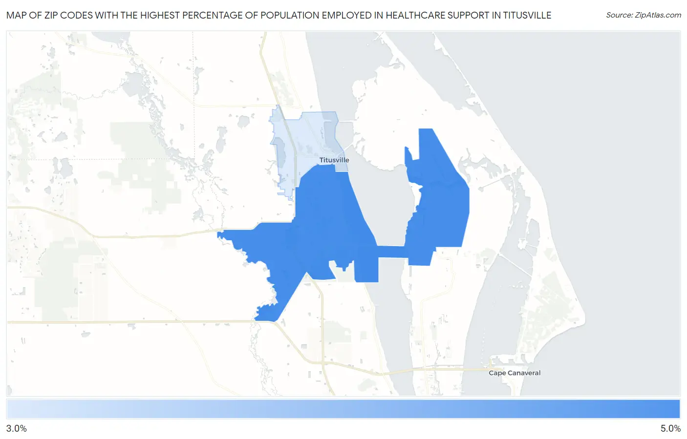 Zip Codes with the Highest Percentage of Population Employed in Healthcare Support in Titusville Map