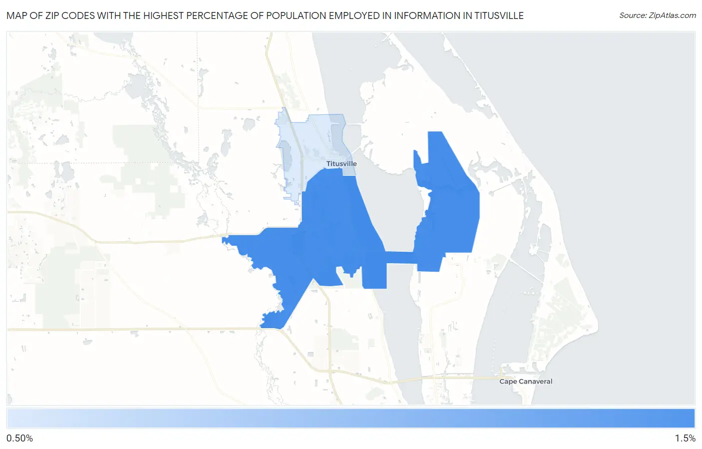 Zip Codes with the Highest Percentage of Population Employed in Information in Titusville Map