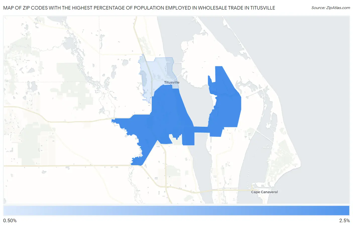 Zip Codes with the Highest Percentage of Population Employed in Wholesale Trade in Titusville Map