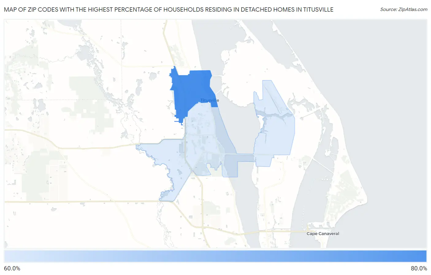 Zip Codes with the Highest Percentage of Households Residing in Detached Homes in Titusville Map