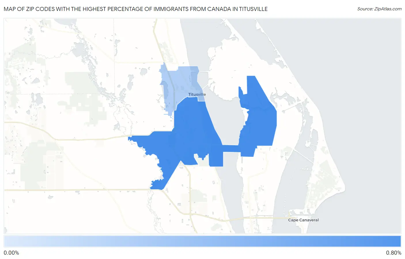 Zip Codes with the Highest Percentage of Immigrants from Canada in Titusville Map