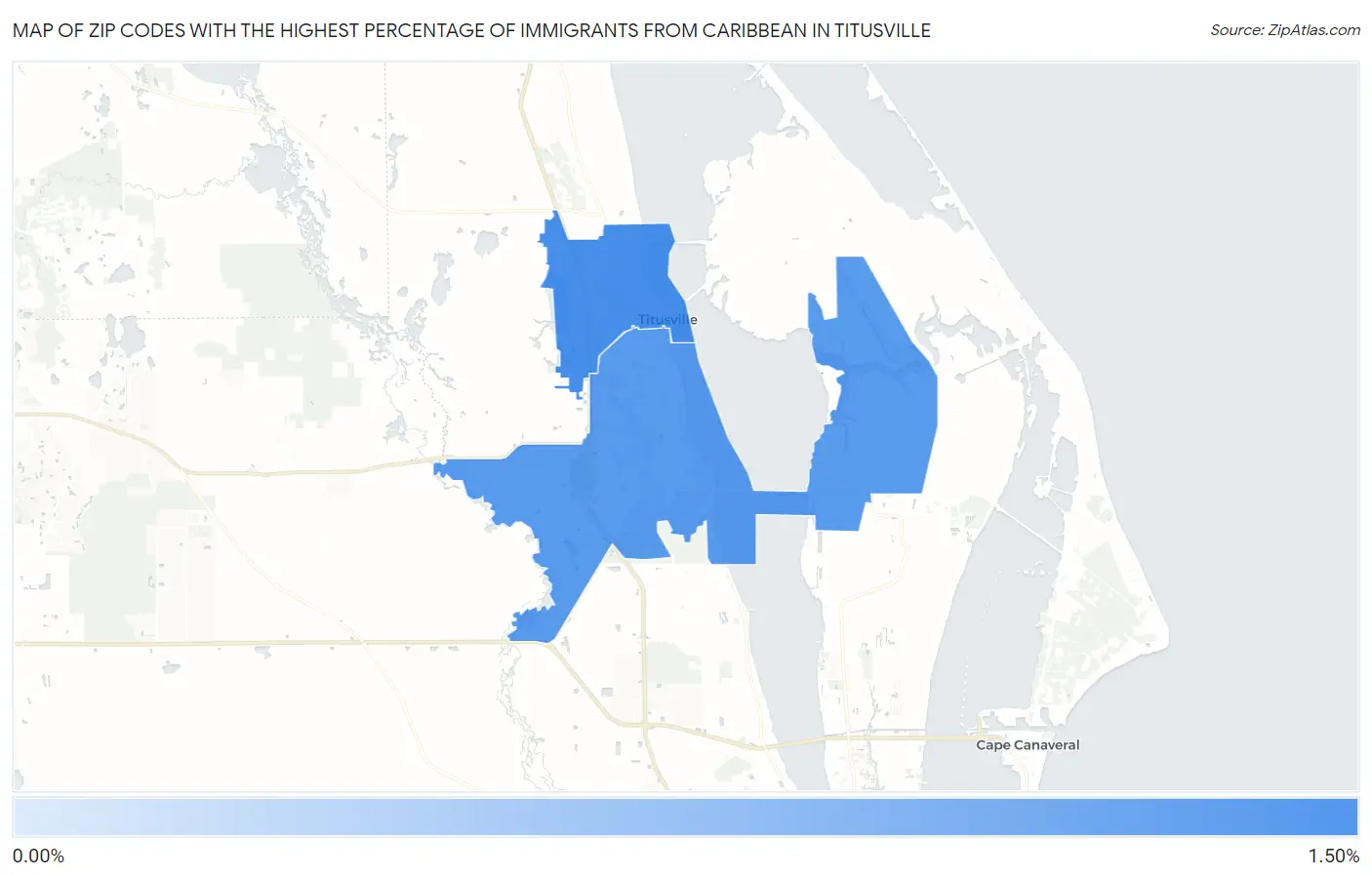 Zip Codes with the Highest Percentage of Immigrants from Caribbean in Titusville Map