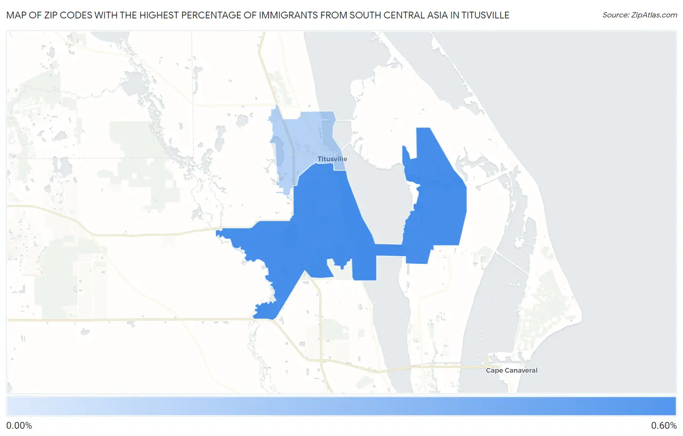 Zip Codes with the Highest Percentage of Immigrants from South Central Asia in Titusville Map