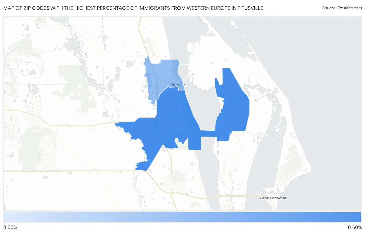 Zip Codes with the Highest Percentage of Immigrants from Western Europe in Titusville Map