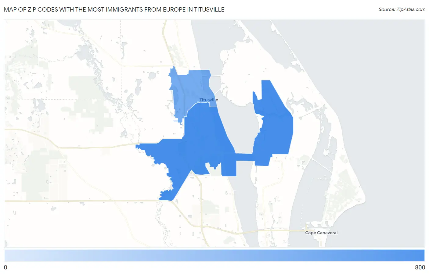 Zip Codes with the Most Immigrants from Europe in Titusville Map