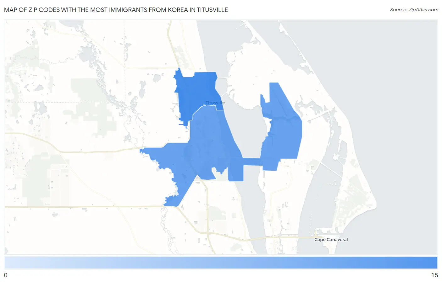 Zip Codes with the Most Immigrants from Korea in Titusville Map