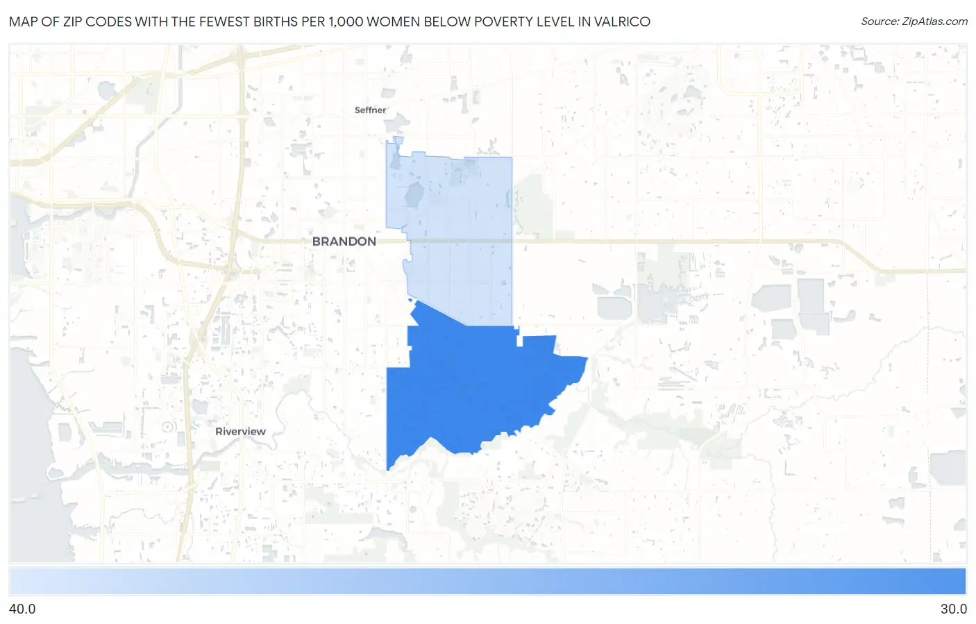 Zip Codes with the Fewest Births per 1,000 Women Below Poverty Level in Valrico Map