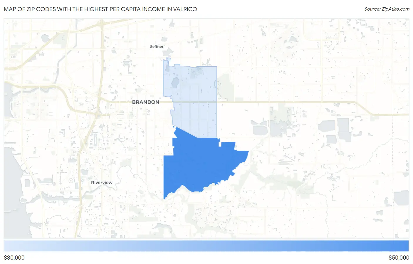 Zip Codes with the Highest Per Capita Income in Valrico Map