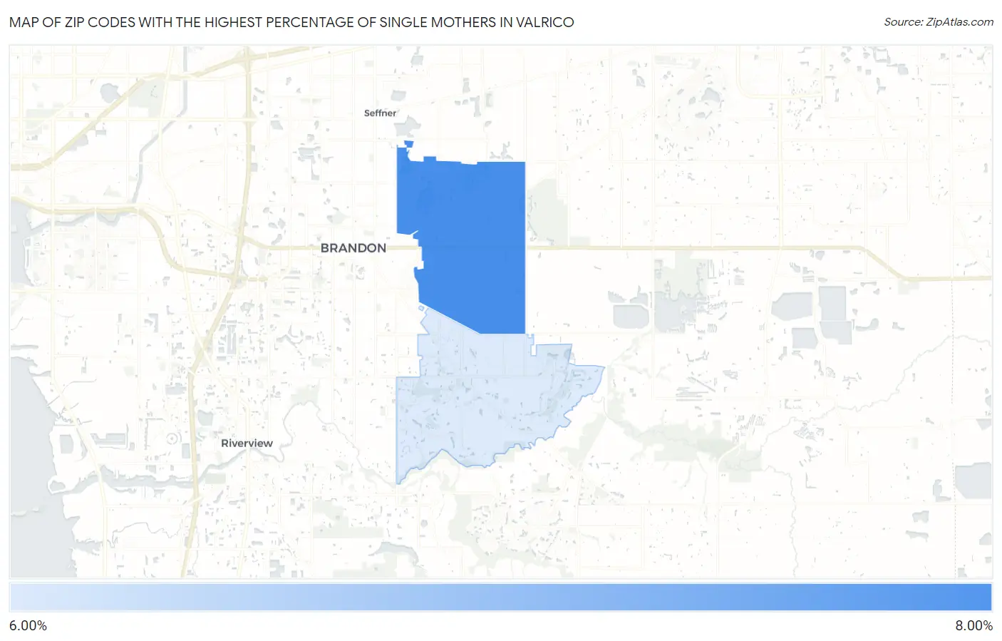 Zip Codes with the Highest Percentage of Single Mothers in Valrico Map