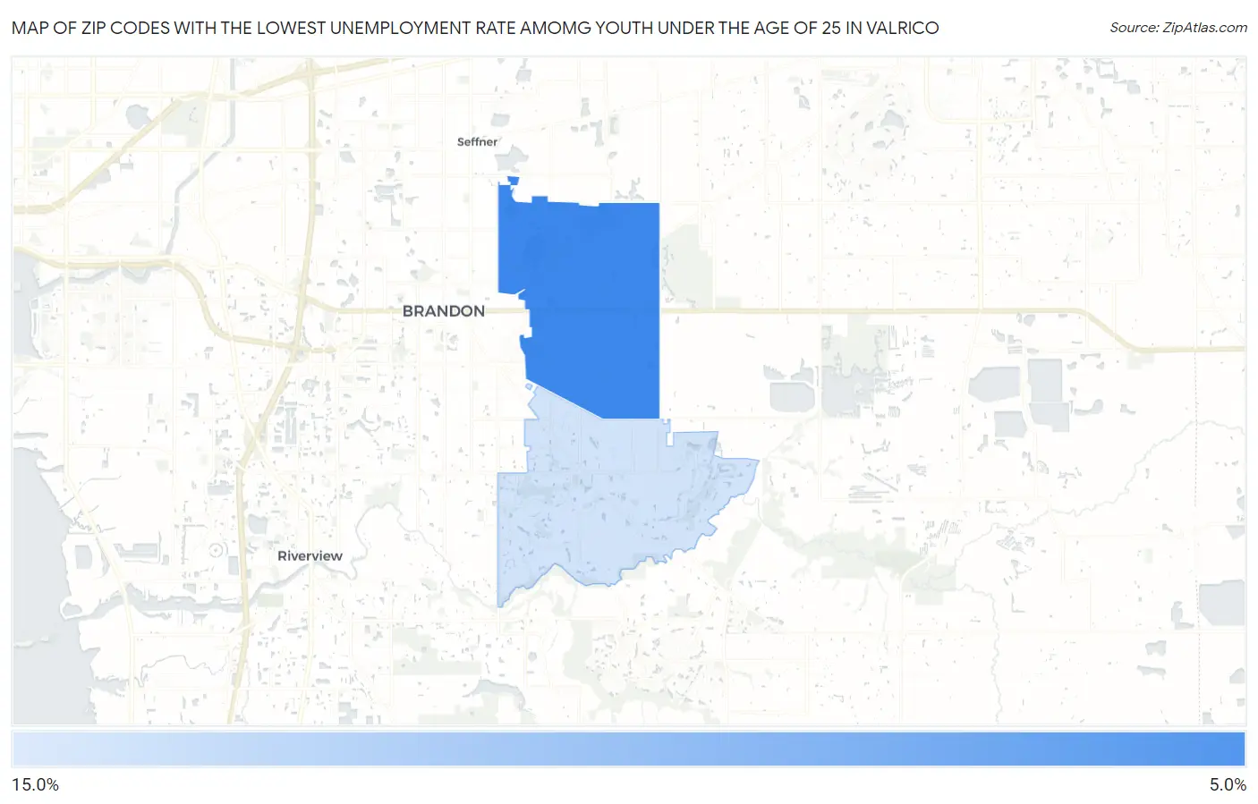 Zip Codes with the Lowest Unemployment Rate Amomg Youth Under the Age of 25 in Valrico Map