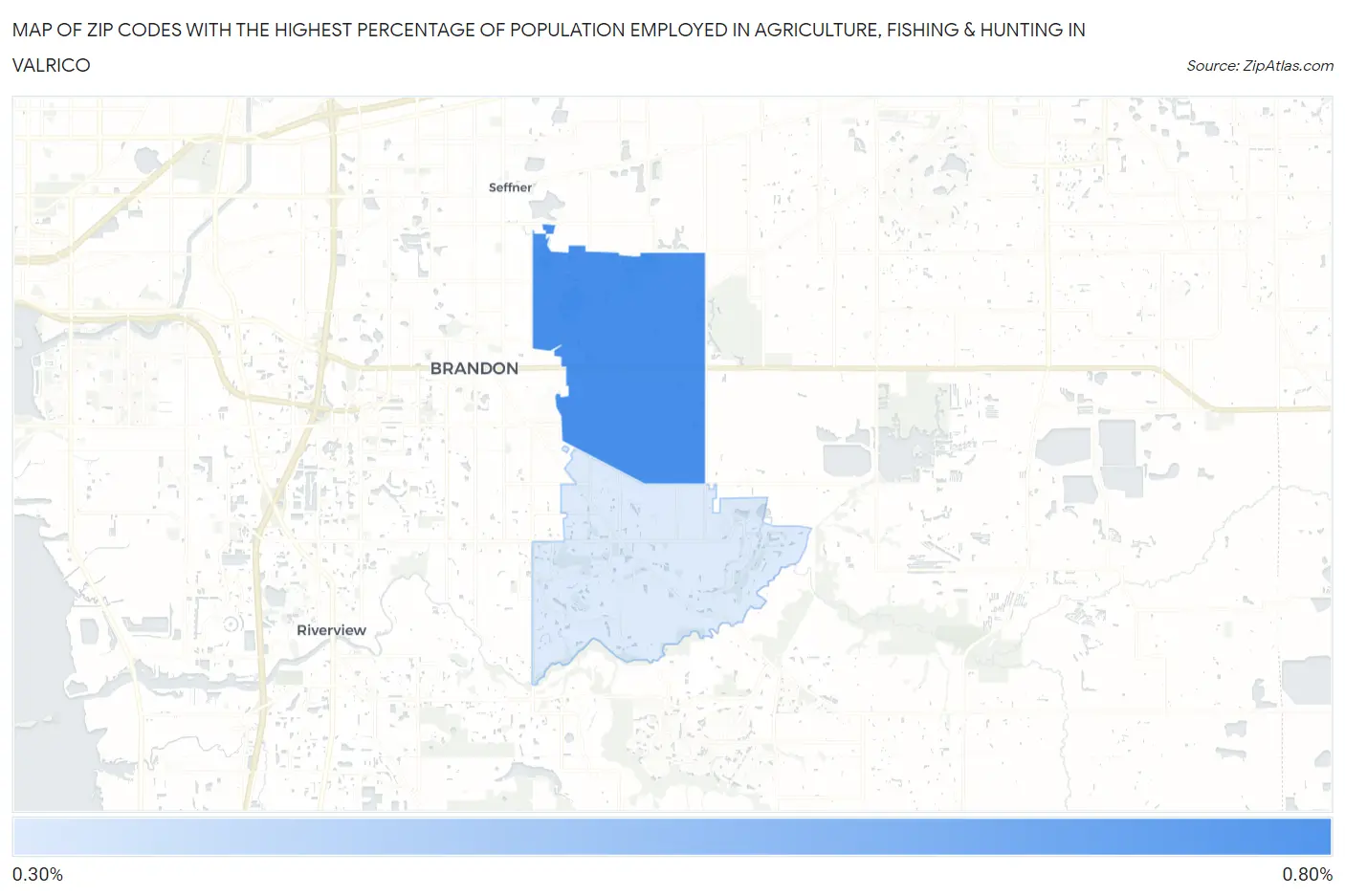 Zip Codes with the Highest Percentage of Population Employed in Agriculture, Fishing & Hunting in Valrico Map