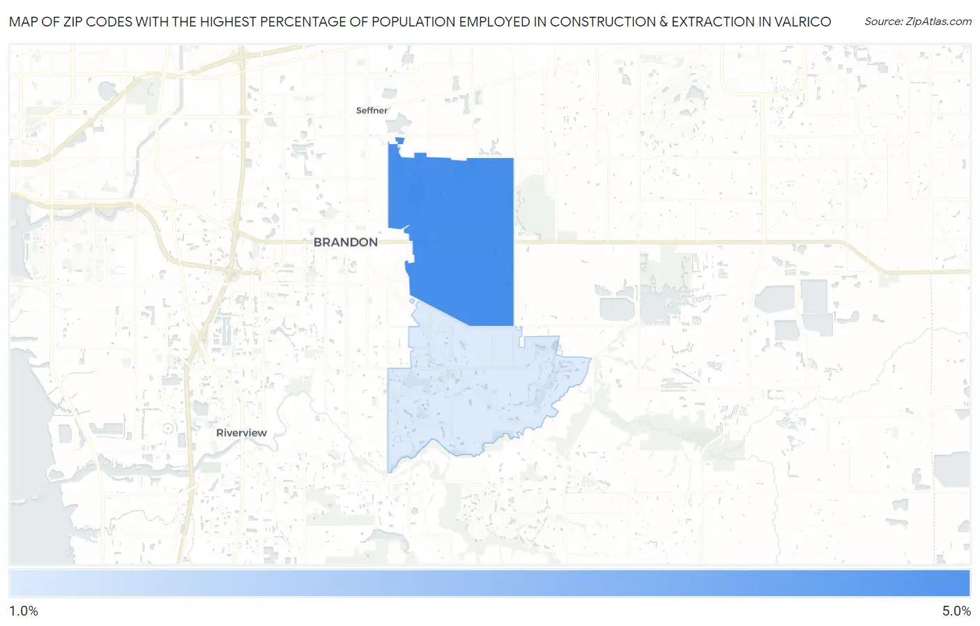 Zip Codes with the Highest Percentage of Population Employed in Construction & Extraction in Valrico Map