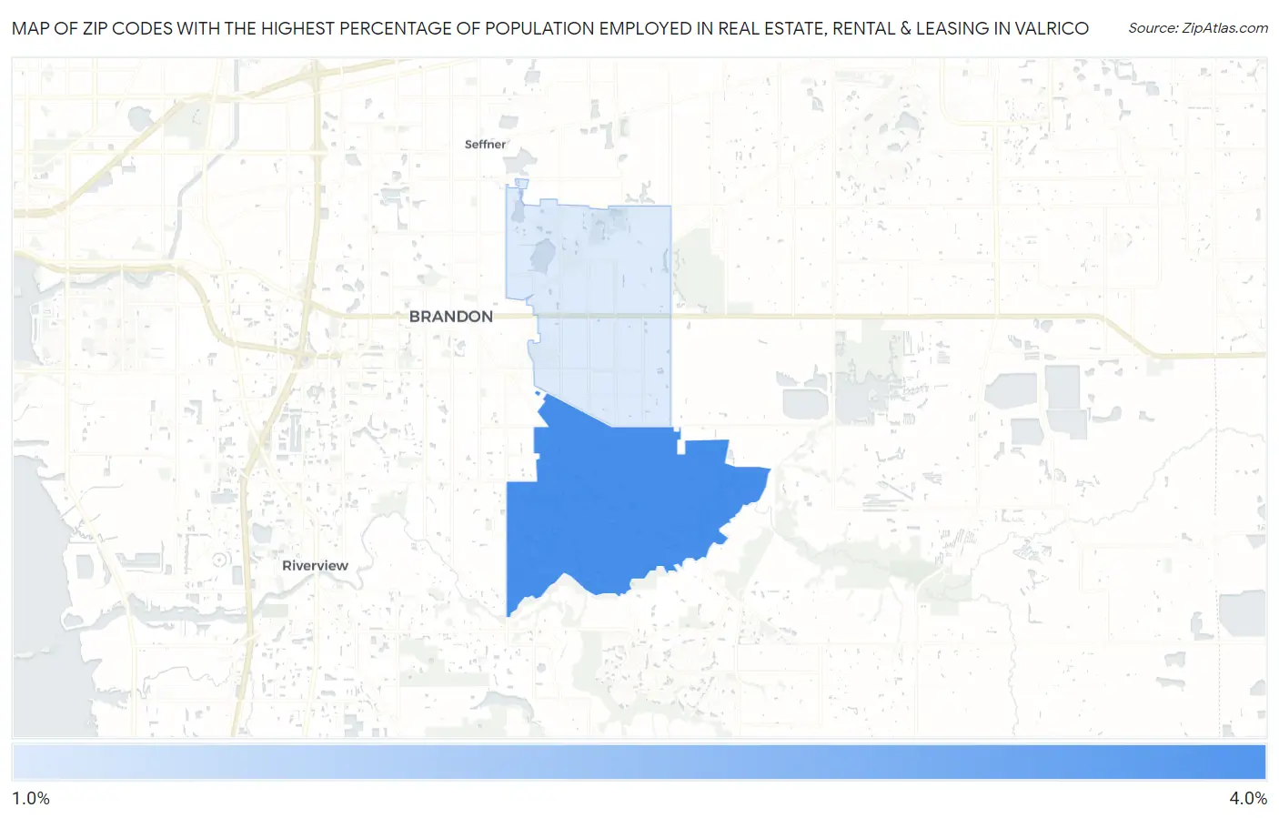 Zip Codes with the Highest Percentage of Population Employed in Real Estate, Rental & Leasing in Valrico Map
