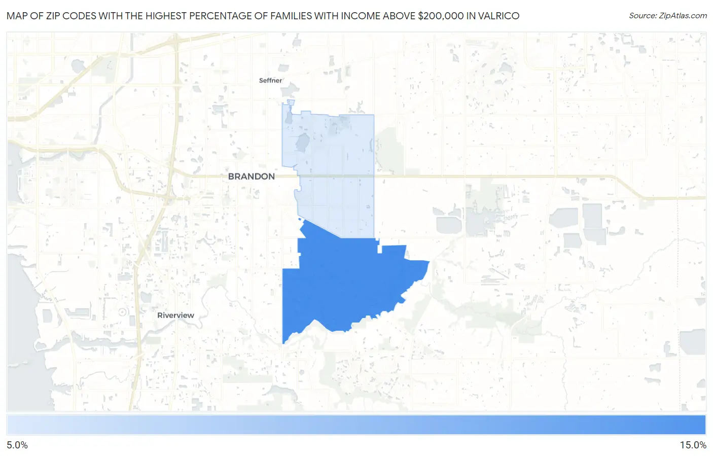 Zip Codes with the Highest Percentage of Families with Income Above $200,000 in Valrico Map