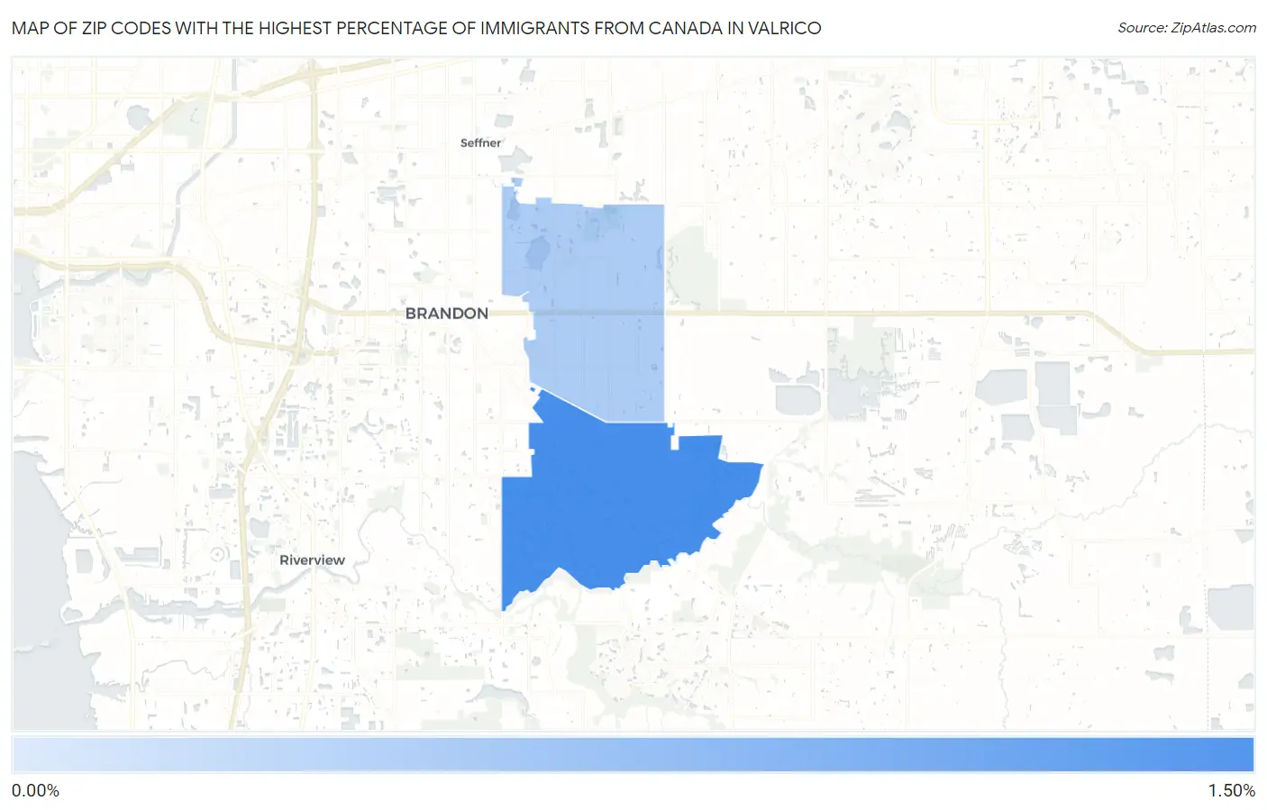 Zip Codes with the Highest Percentage of Immigrants from Canada in Valrico Map