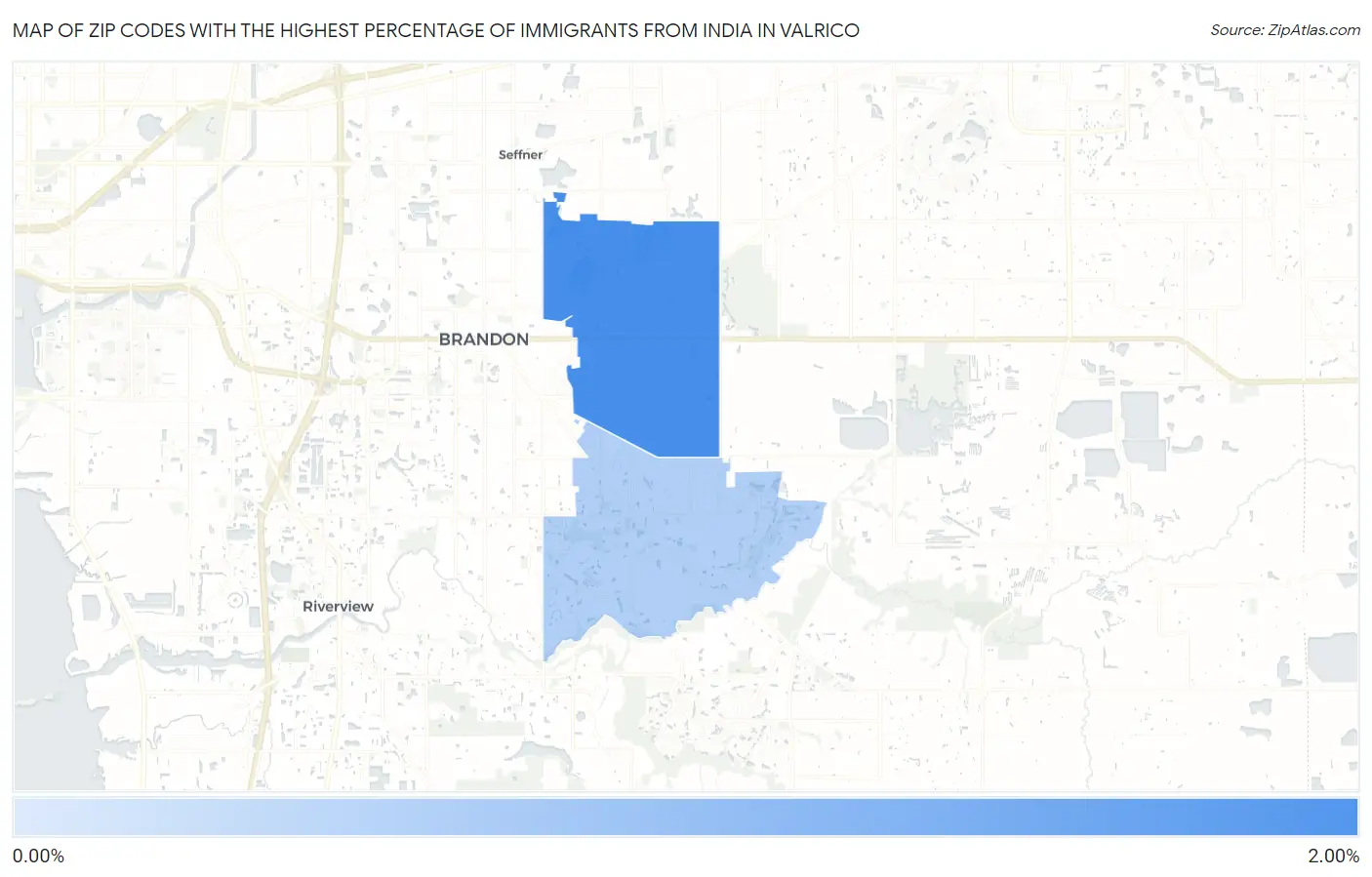 Zip Codes with the Highest Percentage of Immigrants from India in Valrico Map